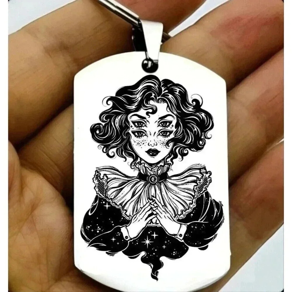 Horror Art Gothic 4 Eyes Lady Wizard Hot Sexy Halloween Scary Design Keychain